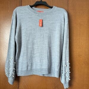 Joe Fresh NWT Lg, Pearl Embellished Sleeves Pullover. Gray Lightweight Ret $45